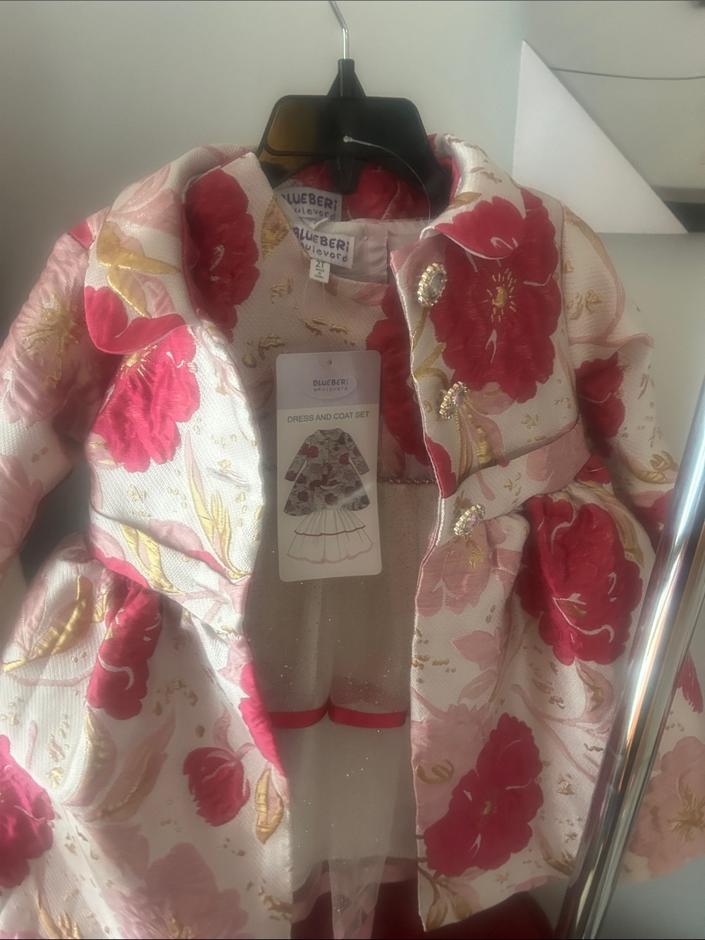 Blueberi Boulevard Girls' Pink Floral Pea Coat with Gold Accents